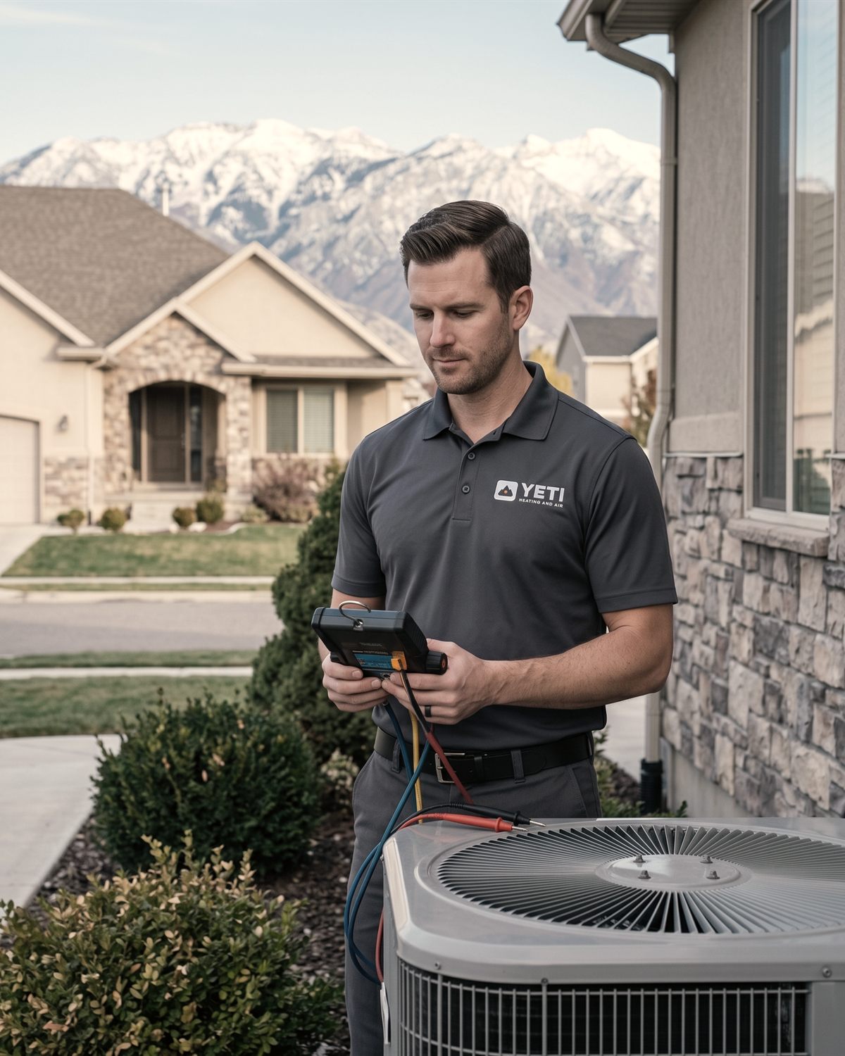 A Yeti technician taking readings at an outdoor air conditioning condenser