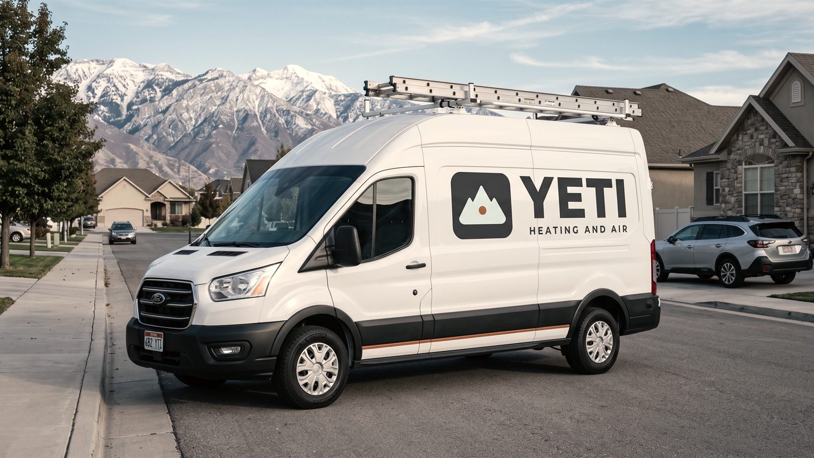A white Yeti Heating and Air service van